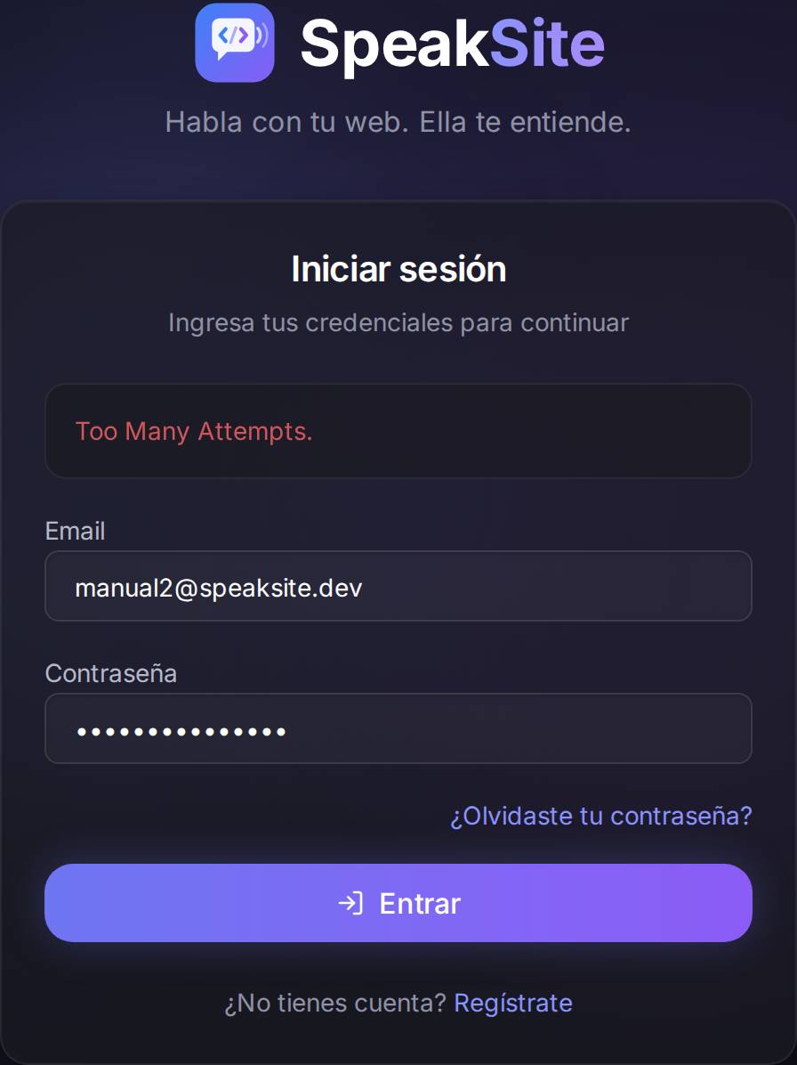 El aviso rojo aparece dentro del formulario, encima del correo. En esta captura es el del bloqueo por intentos repetidos, que todavía sale sin traducir.