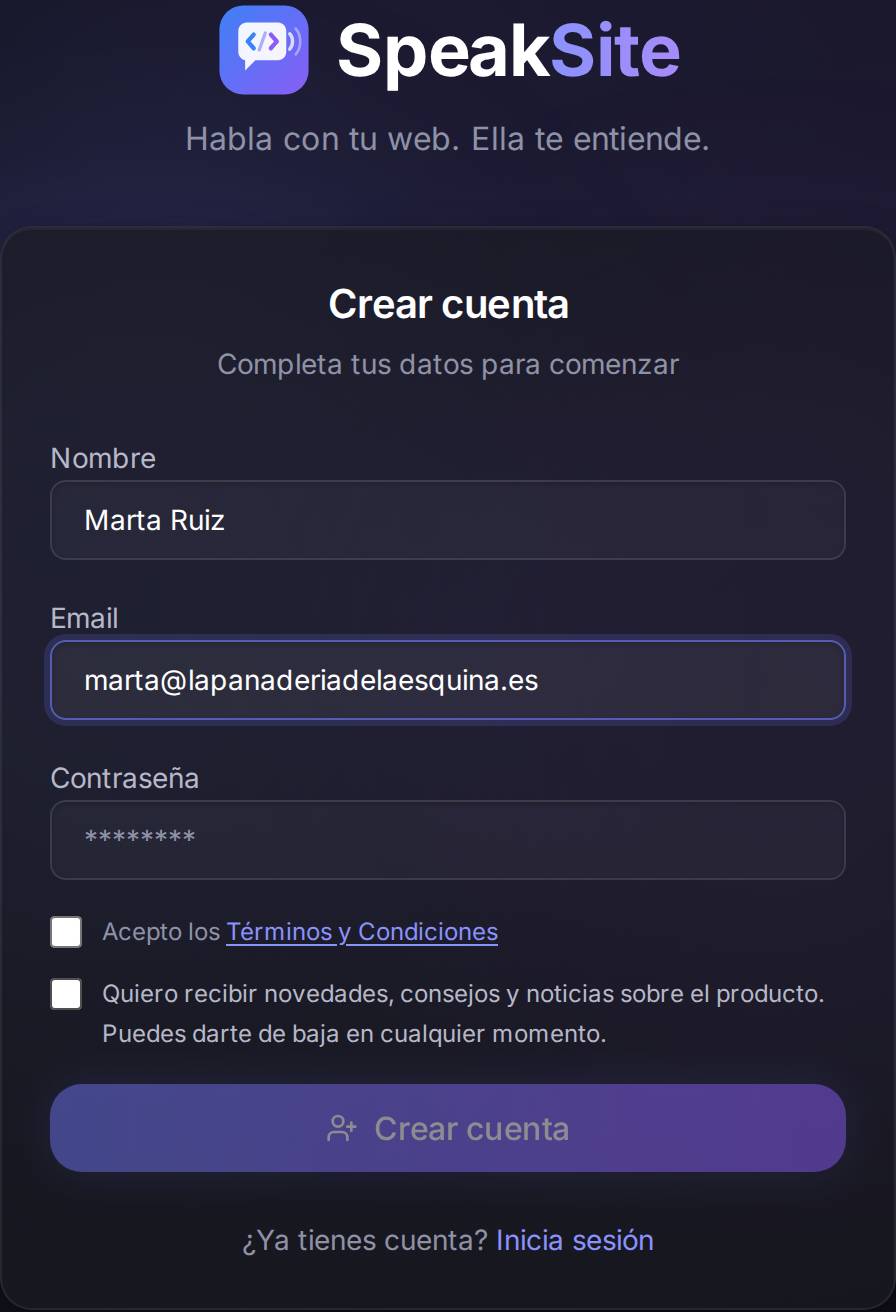 El alta a medio rellenar: con el nombre y el correo puestos pero los términos sin marcar, el botón sigue sin poder pulsarse.
