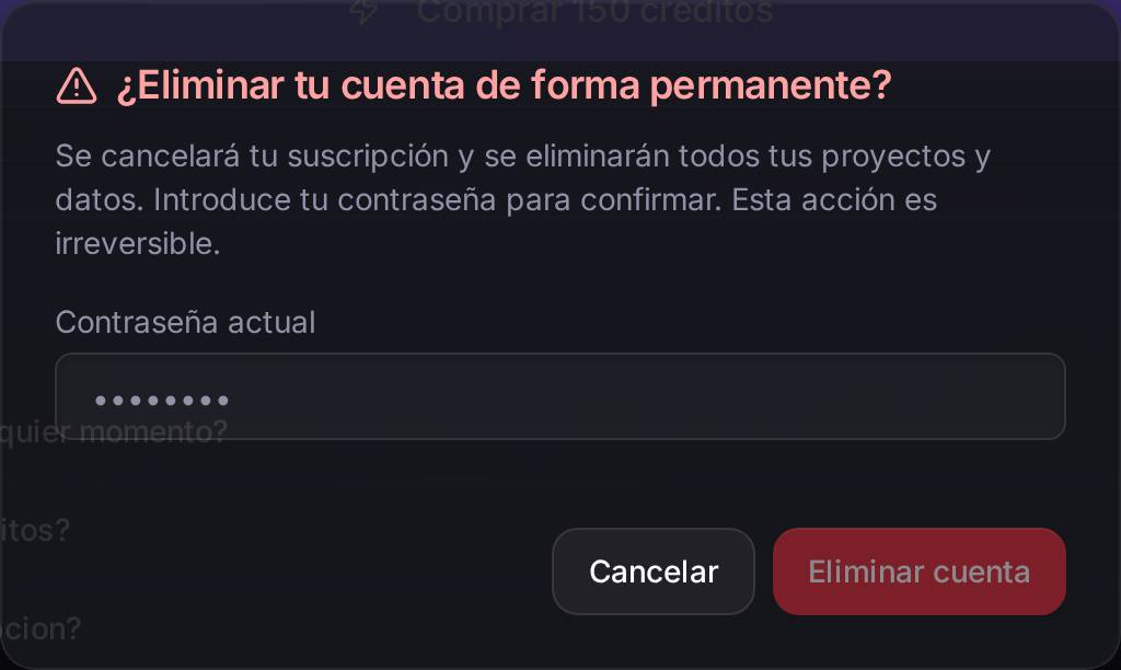 La confirmación de borrado. Pide la contraseña a propósito: es la última barrera antes de un borrado que no tiene vuelta atrás.