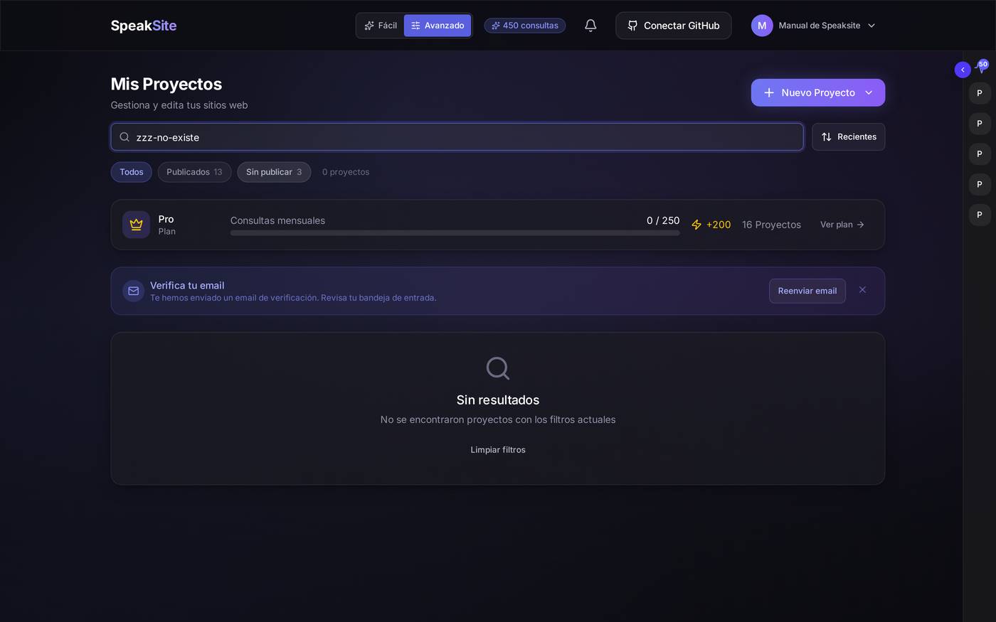 Si nada encaja, el panel lo dice y ofrece *Limpiar filtros*. Si te falta una web, comprueba antes que no tienes un filtro puesto.