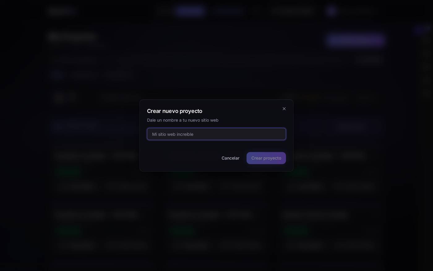 El proyecto en blanco solo pide un nombre. No gasta consultas de IA, pero tendrás que montar todas las páginas a mano en el editor.