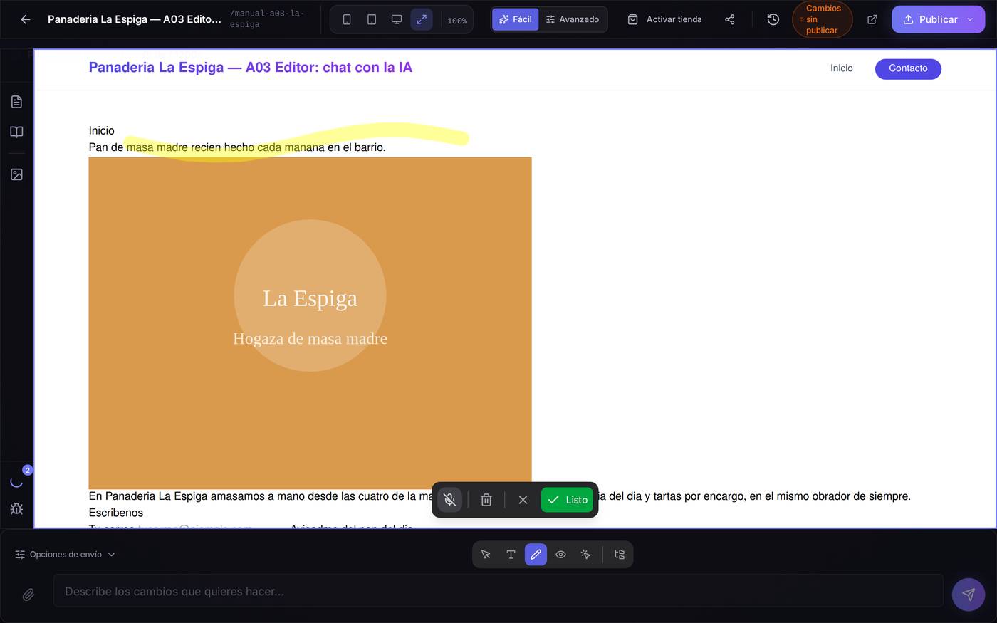 Un trazo amarillo sobre el titular. Debajo, la barra para dictar, limpiar, cancelar o confirmar la zona marcada.