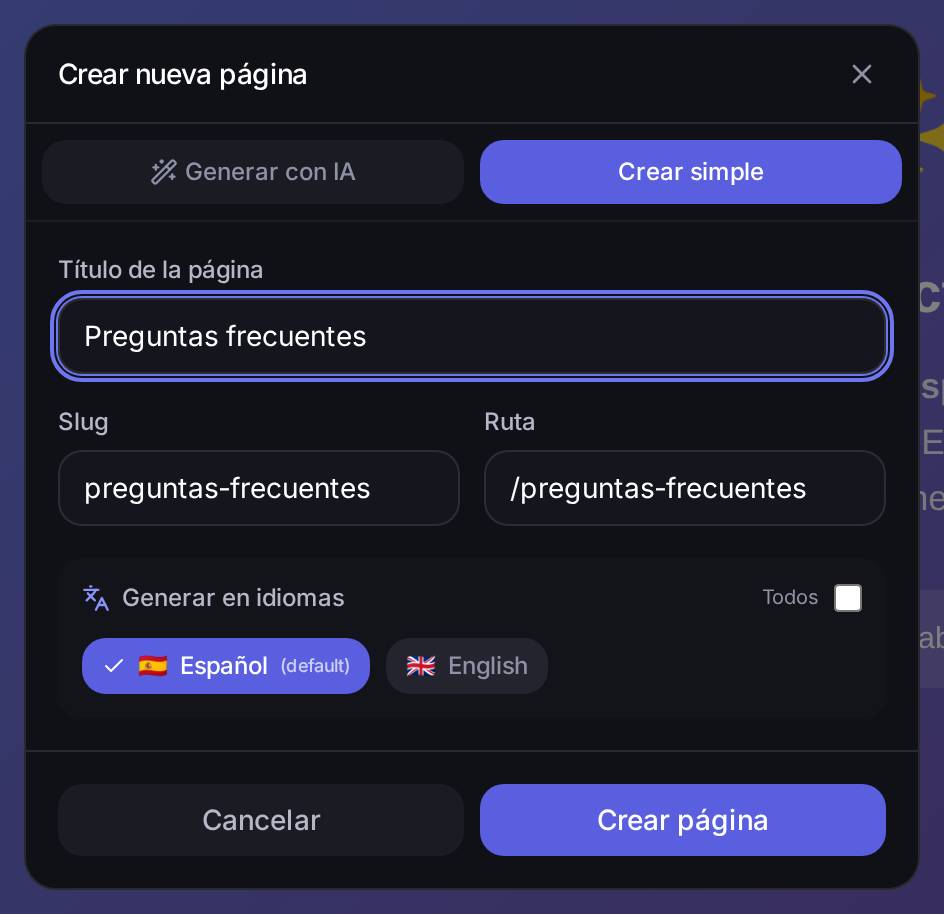 El formulario a medio rellenar en modo Crear simple: título «Preguntas frecuentes» puesto, la dirección se ha rellenado sola (`preguntas-frecuentes` / `/preguntas-frecuentes`) y el botón **Crear página** ya está activo.