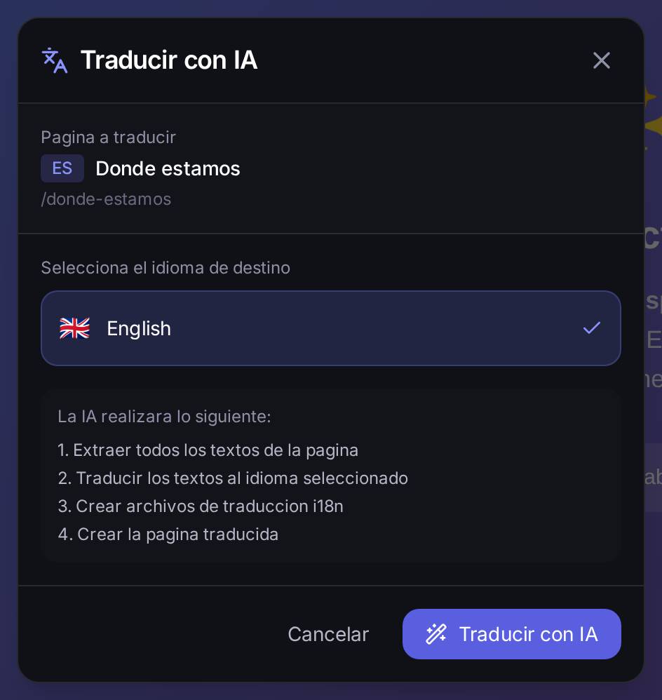 El diálogo de traducir con IA sobre «Dónde estamos»: elige el idioma de destino y enseña, paso a paso, lo que va a hacer — extraer los textos, traducirlos, crear los ficheros de idioma y la página traducida.