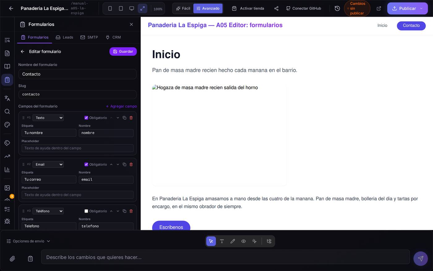 El formulario «Contacto» abierto para editar. Arriba su nombre y su dirección, debajo las preguntas una tras otra y, al final, la configuración con el mensaje de gracias.