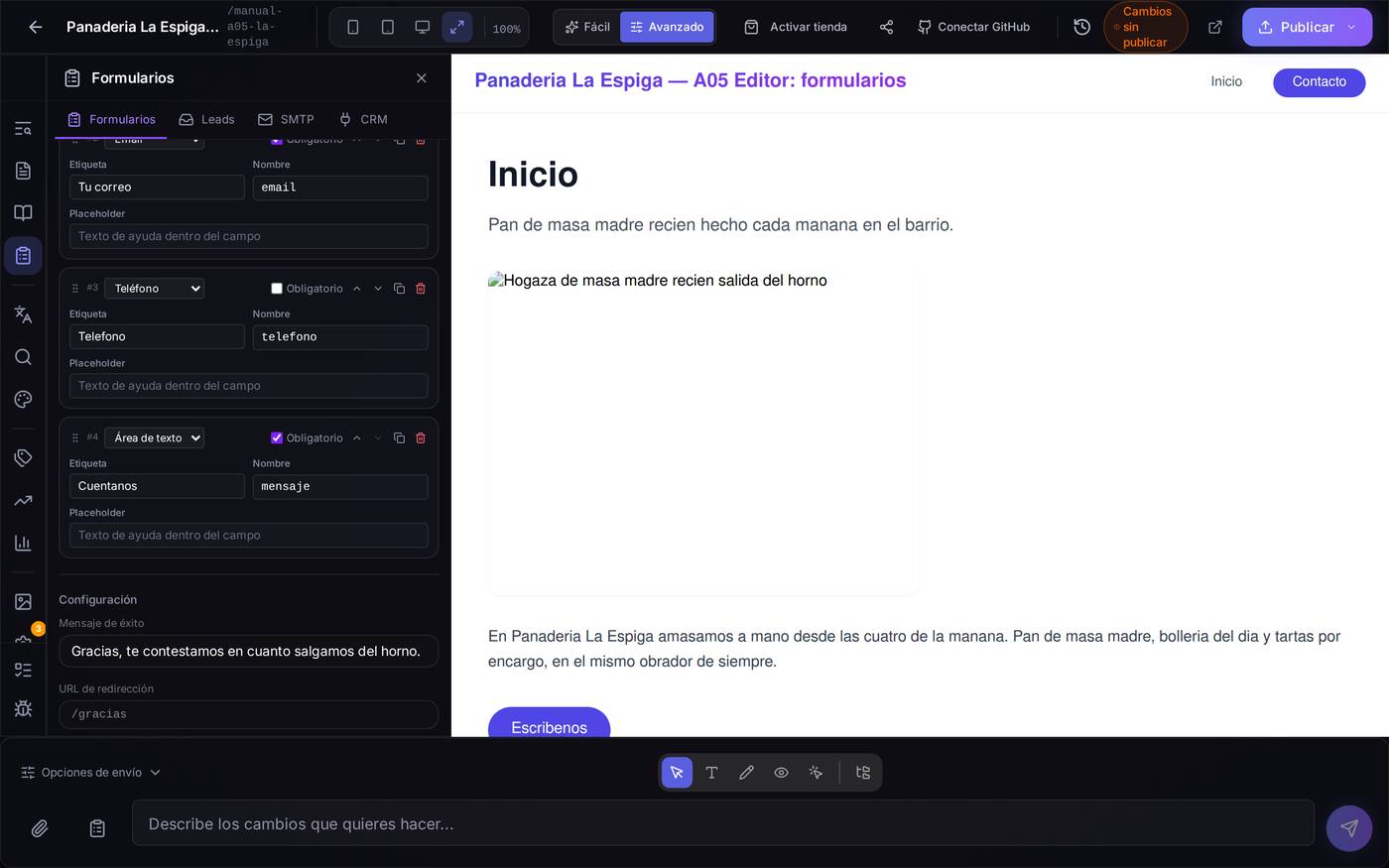 Las preguntas de un formulario. En cada bloque, arriba a la izquierda la «Etiqueta» (lo que ve el visitante) y a la derecha el «Nombre» técnico (cómo te llega el dato). Son cosas distintas: «Tu correo» / `email`.