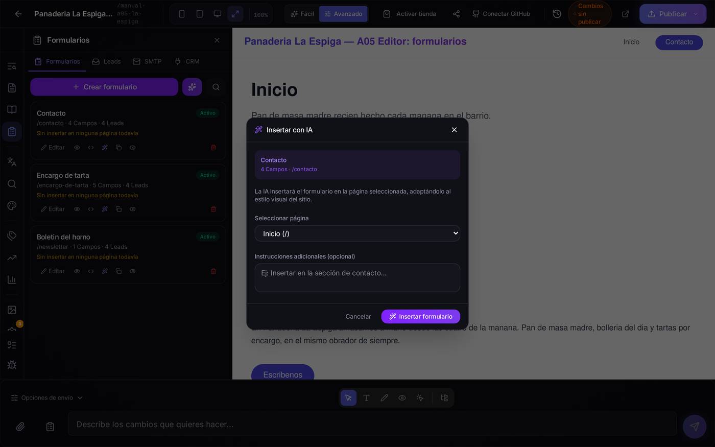 El diálogo de insertar. Eliges en qué página va y, si quieres, le dices en qué parte; la IA lo coloca con el estilo de tu web.