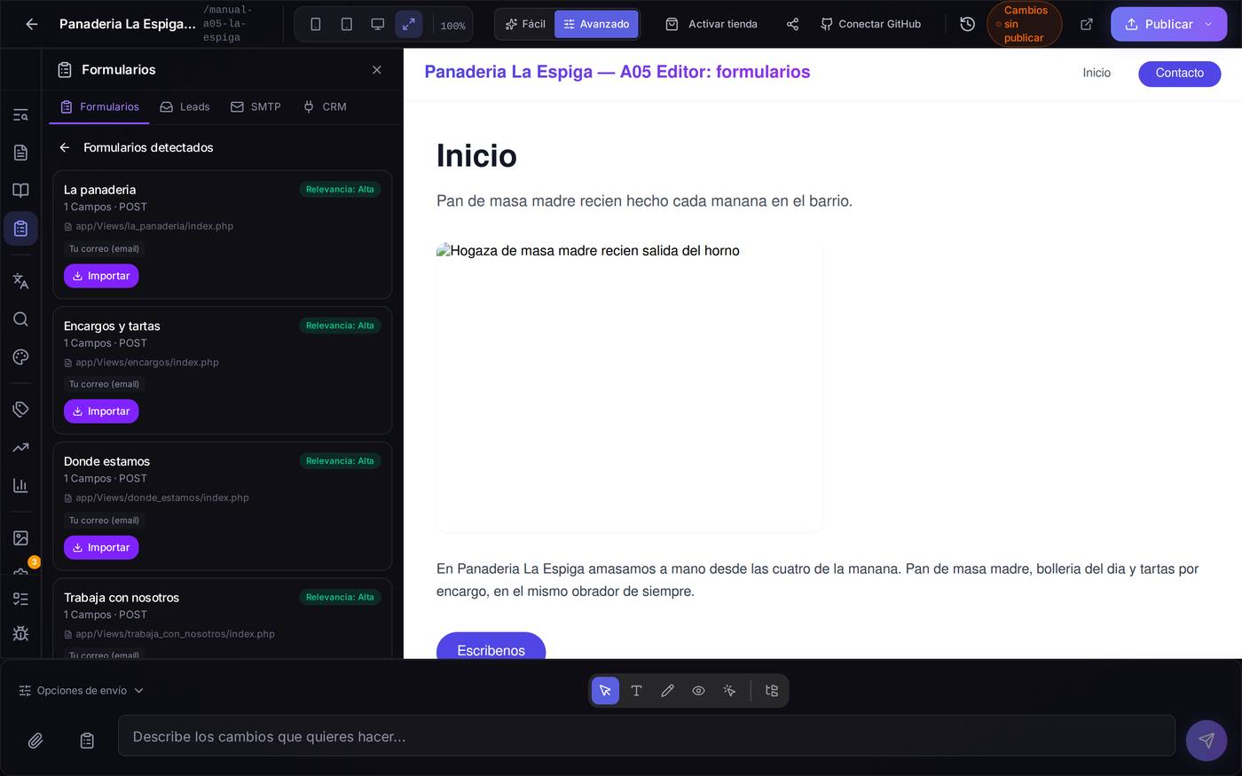El detector ha encontrado cuatro formularios ya escritos en la web de ejemplo, con el fichero de cada uno y su puntuación (Alta, Media o Baja). El botón «Importar» los pasa al panel.
