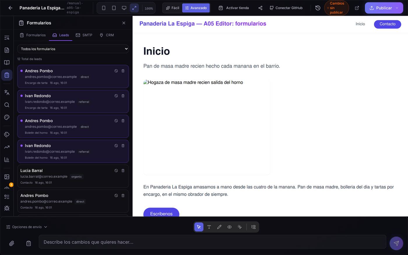 La pestaña «Leads» con los mensajes recibidos. Cada fila indica de qué formulario viene y por dónde llegó el visitante (directo, buscador u otra web).