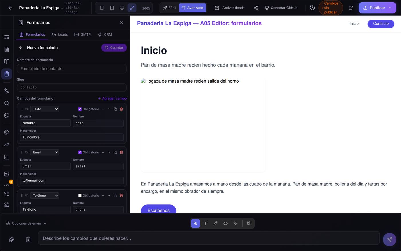Un formulario recién creado, todavía en blanco. Solo te pide el nombre y el slug: las preguntas se añaden una a una con «Agregar campo».