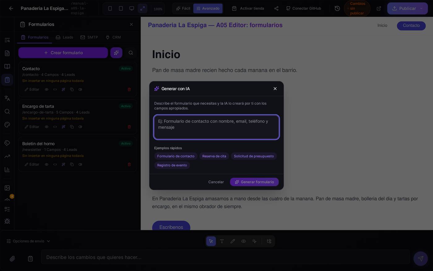 El mismo diálogo recién abierto, antes de escribir nada. Los «Ejemplos rápidos» rellenan el cuadro por ti si no sabes cómo empezar.