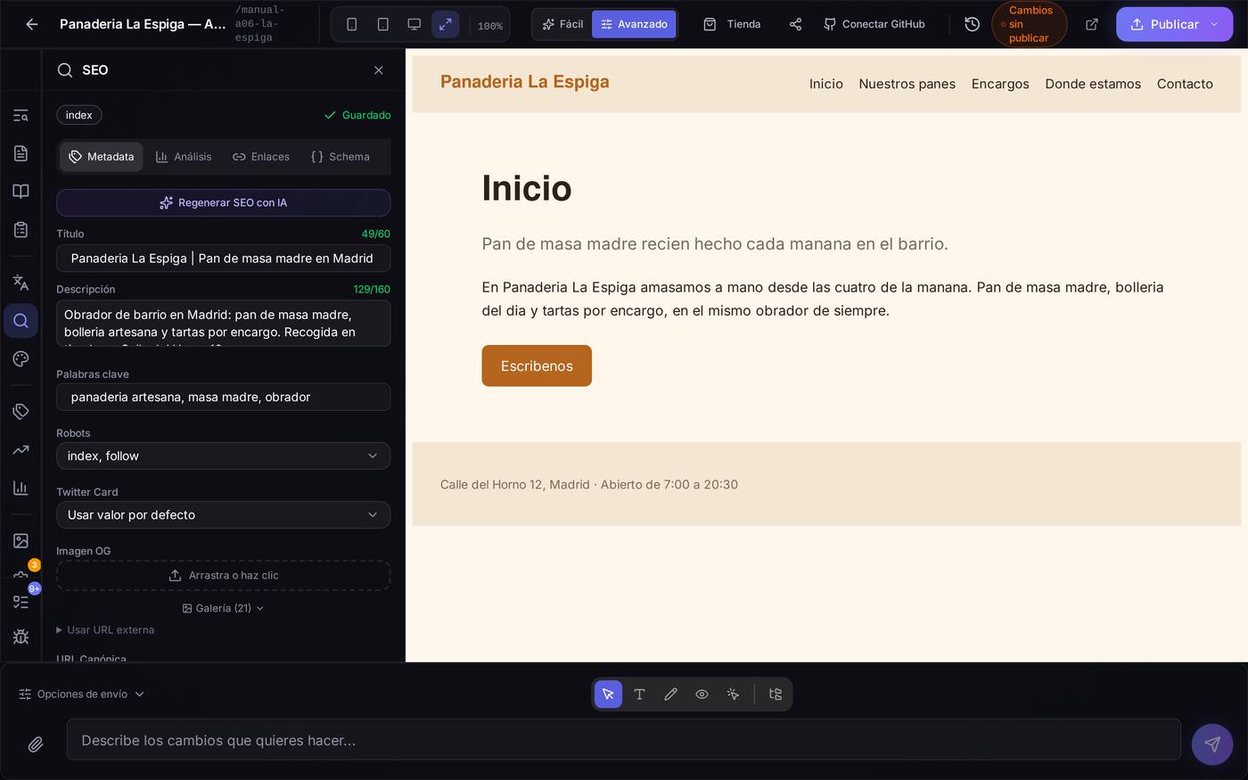 La pestaña Metadatos de una página, con el título y la descripción ya rellenados y el contador en verde.