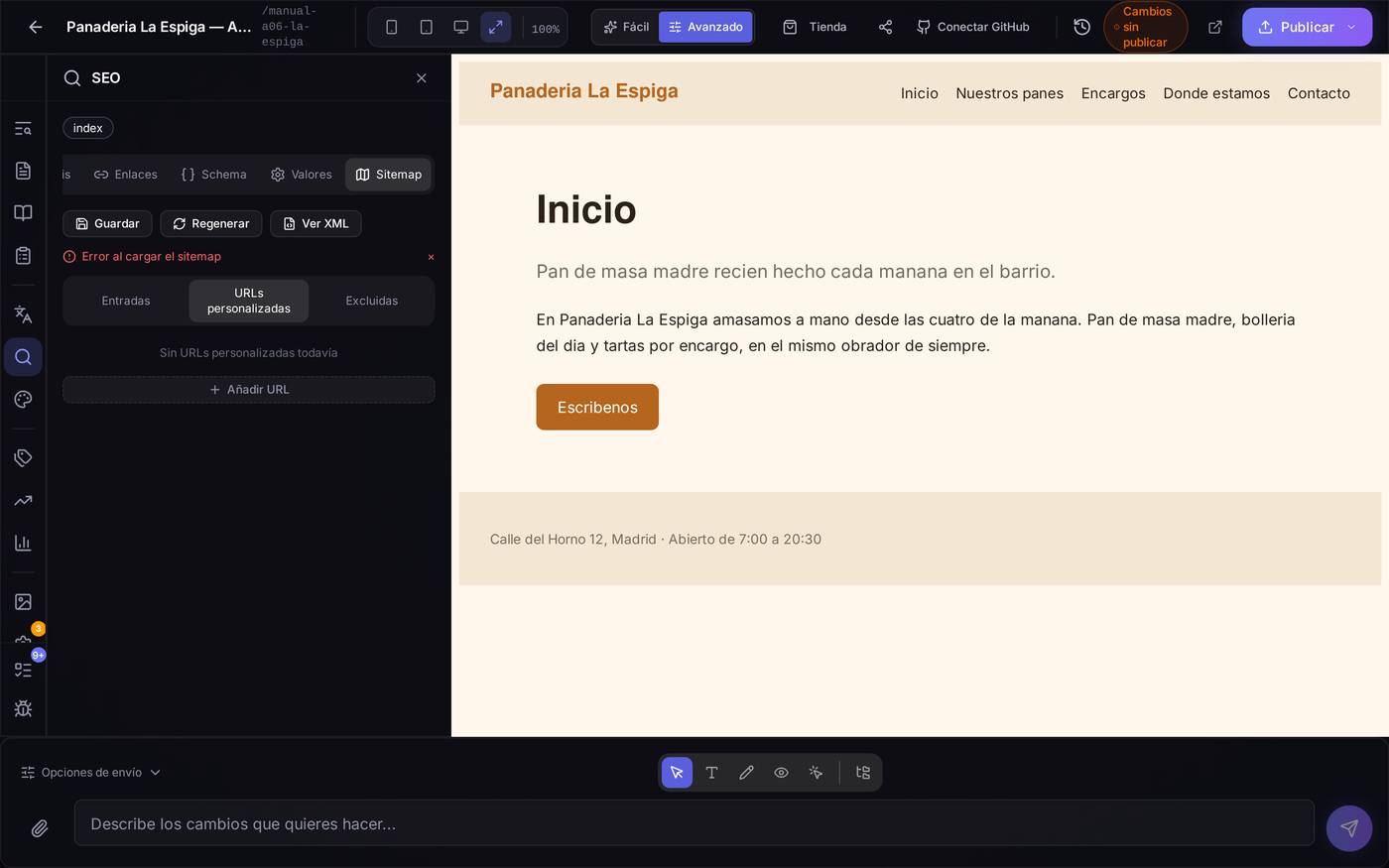 La sub-pestaña de URLs personalizadas, todavía sin ninguna añadida.