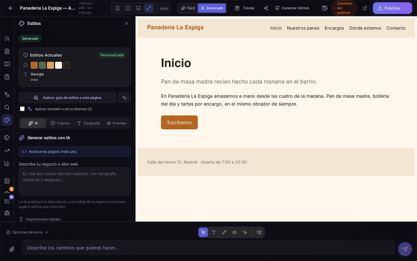 La pestaña IA de Estilos, con los estilos actuales del proyecto y el cuadro de descripción vacío.