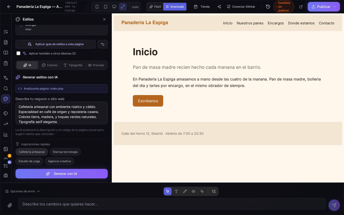 Con una inspiración rápida aplicada, el cuadro queda relleno y el botón Generar con IA queda listo para pulsar — en esta captura no lo hemos pulsado porque generar estilos con IA consume créditos de tu cuenta.