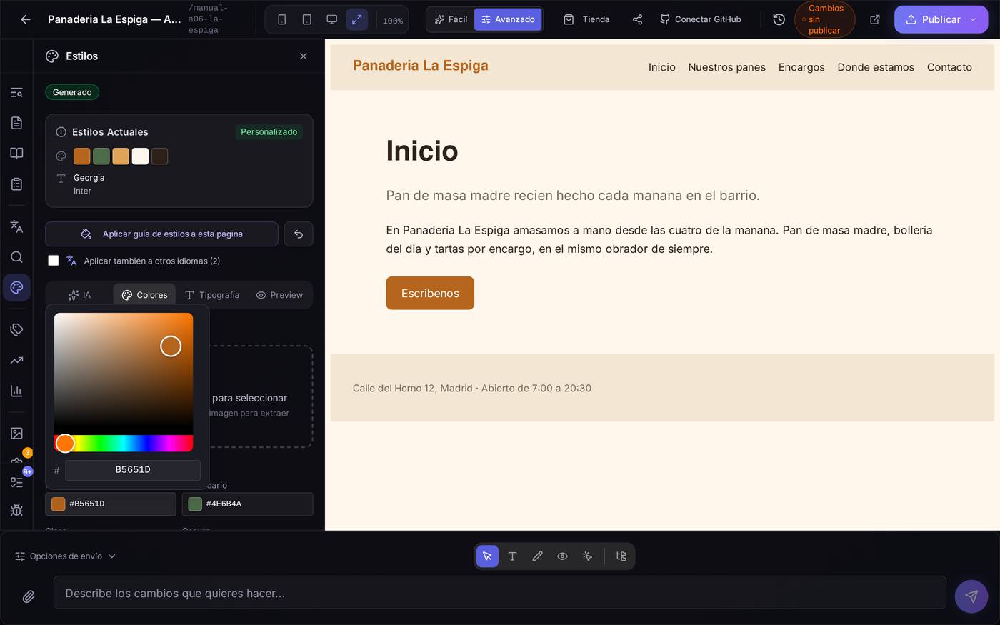 Al pulsar sobre un cuadradito de color se abre el selector visual, con el valor hexadecimal editable a mano si ya conoces el código exacto de tu marca.