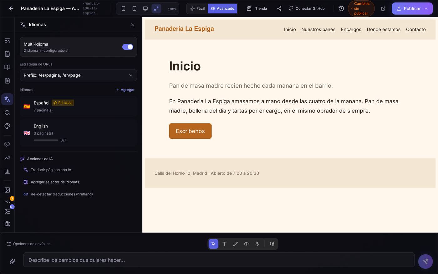 El panel de Idiomas con Multi-idioma activado: Español como principal con 7 páginas, English añadido pero todavía con 0 páginas traducidas.