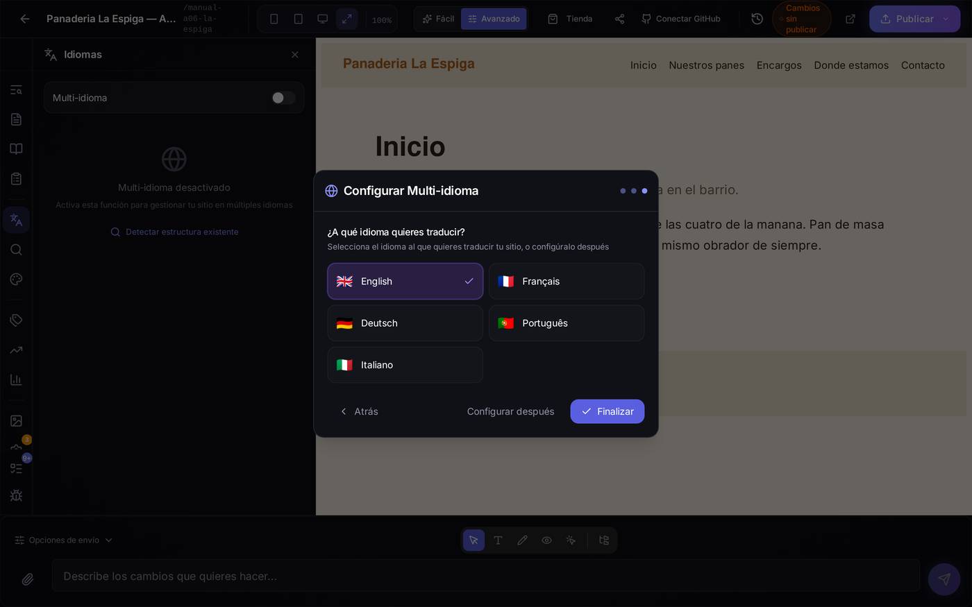 Paso 3 de 3 — eliges a qué idioma quieres traducir tu web (aquí, inglés ya marcado) y terminas con el botón Finalizar.