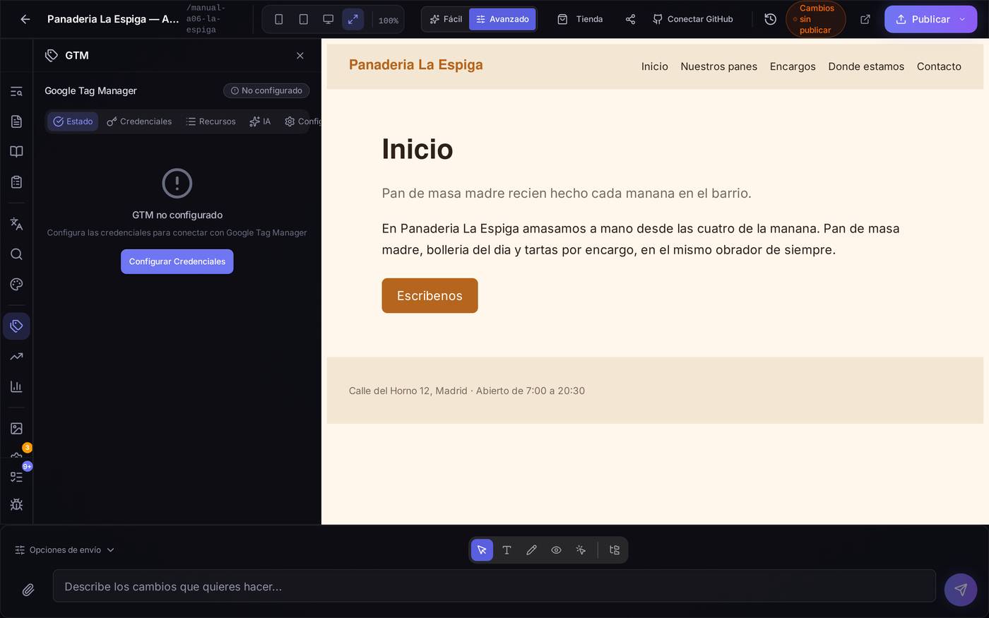 El panel de GTM sin configurar todavía — el punto de partida antes de tener ninguna cuenta conectada.