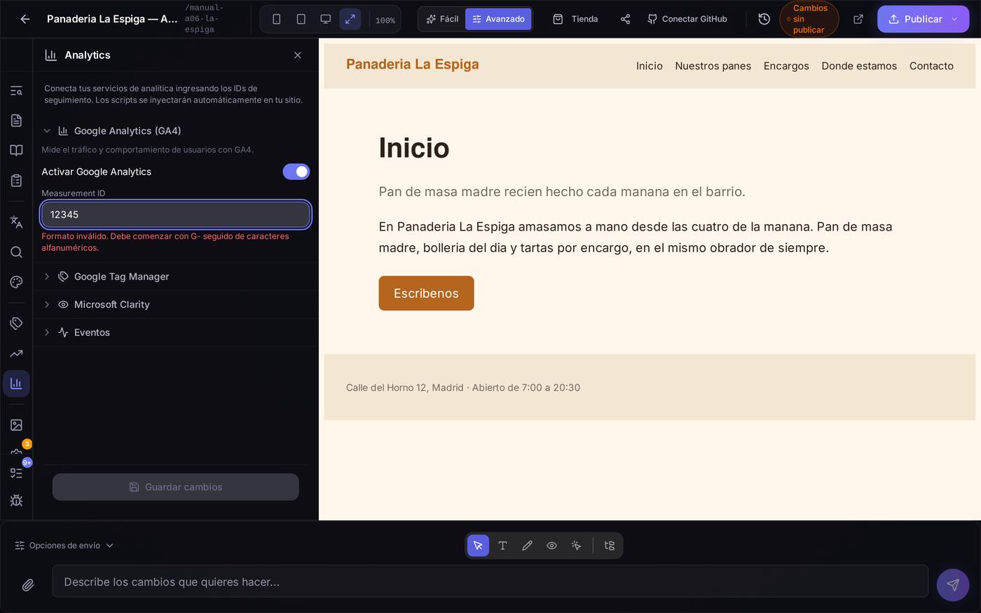 Al activar Google Analytics y escribir un identificador con el formato equivocado (