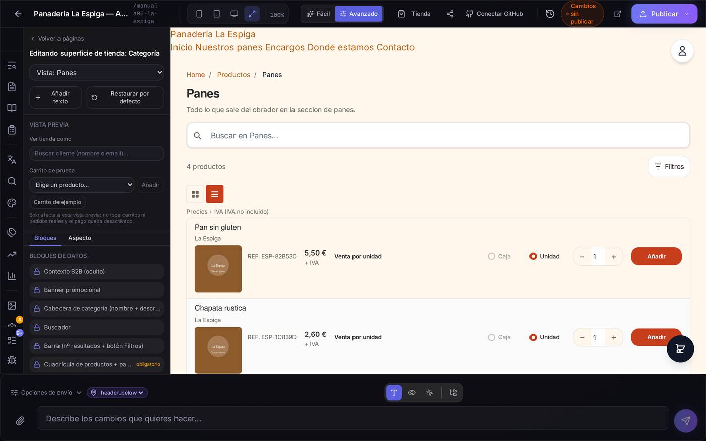 Diseñando la superficie de Categoría de la tienda, con la pestaña Bloques abierta y la vista previa de 