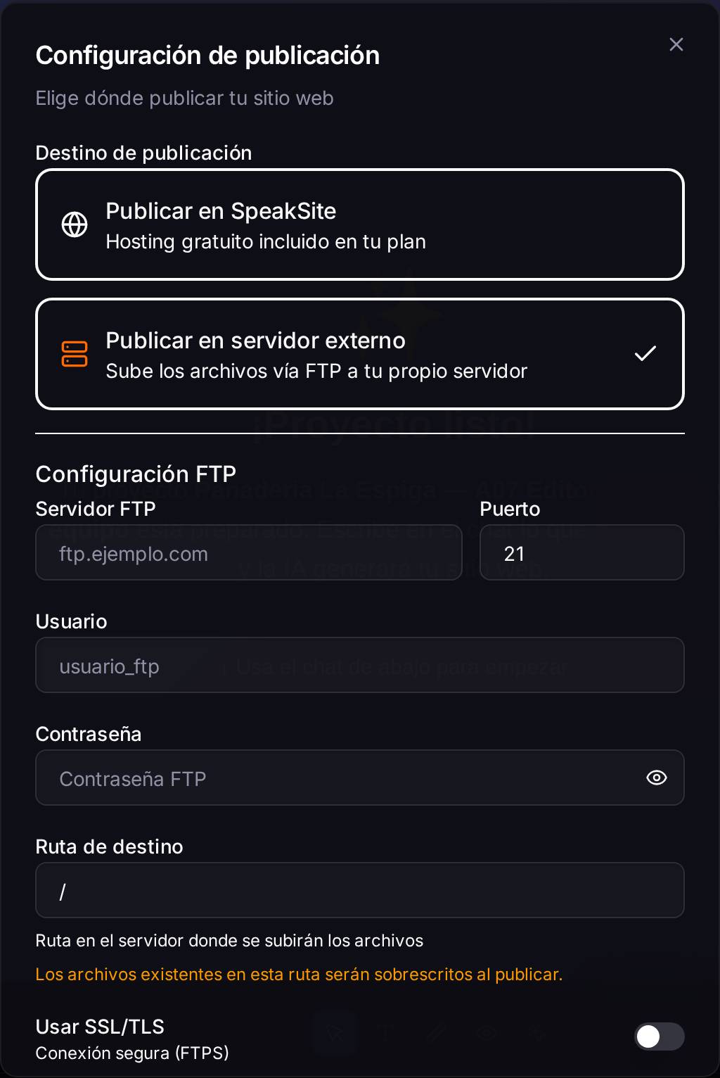 Los dos destinos posibles. Al elegir «Publicar en servidor externo» se despliegan los datos del servidor: dirección, usuario, contraseña y carpeta.