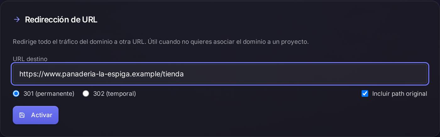 La dirección de destino escrita, justo antes de activarla. «301 (permanente)» es lo que quieres casi siempre.