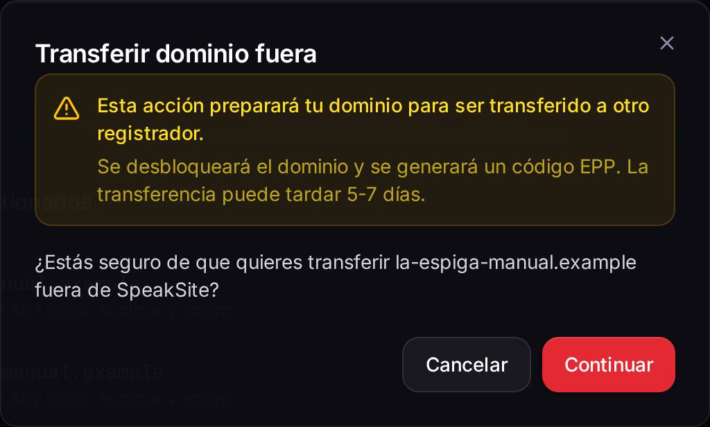 El aviso antes de empezar. Al continuar se quita el candado de tu dominio y se genera el código que tendrás que dar al proveedor nuevo.