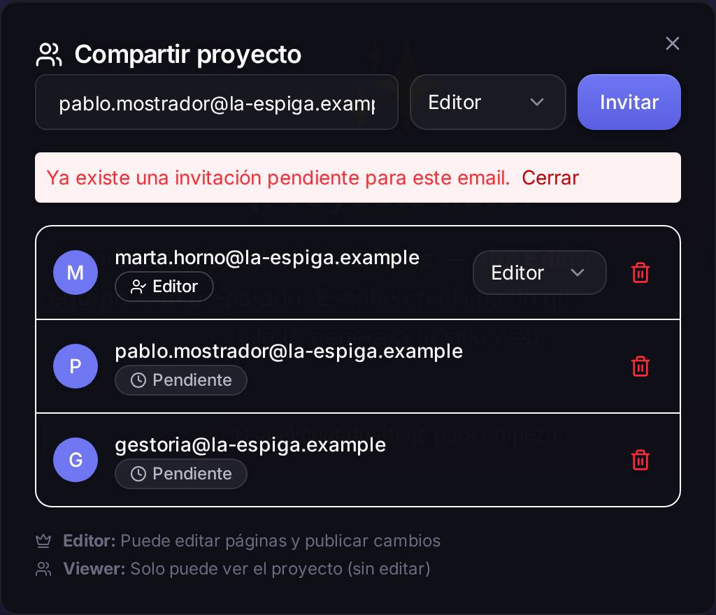 Si esa persona ya tiene una invitación pendiente, Speaksite no manda otra y te lo dice en rojo. No es un fallo: es que ya está invitada y aún no ha aceptado.