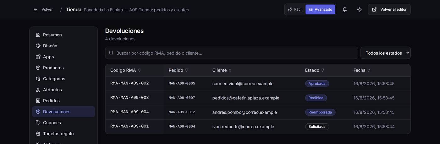 La lista de devoluciones, con su código RMA, el pedido de origen, el cliente y el estado.