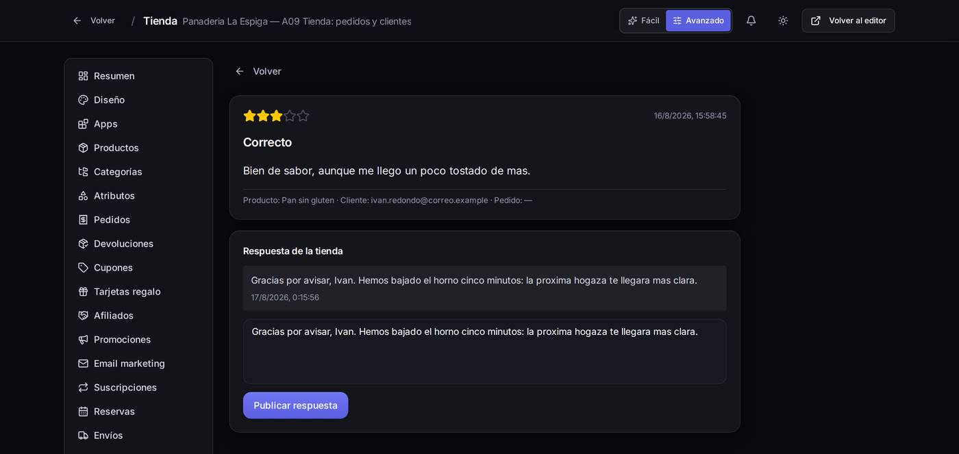 La opinión ya publicada, con la respuesta de la tienda guardada encima del cuadro de texto.