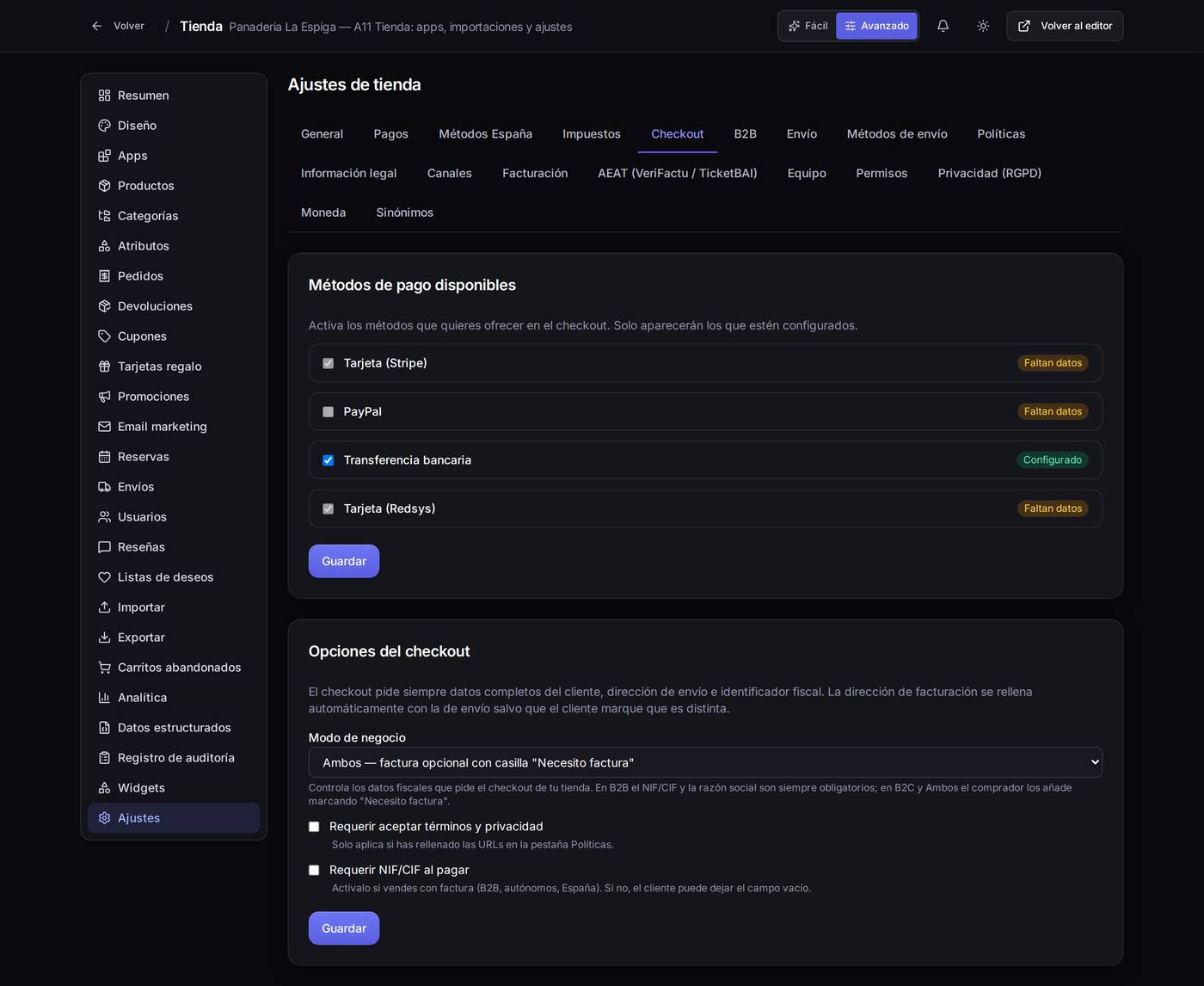 Qué formas de pago se ofrecen al pagar y qué datos se le piden al cliente. La etiqueta «Faltan datos» avisa de un método activado pero sin configurar.