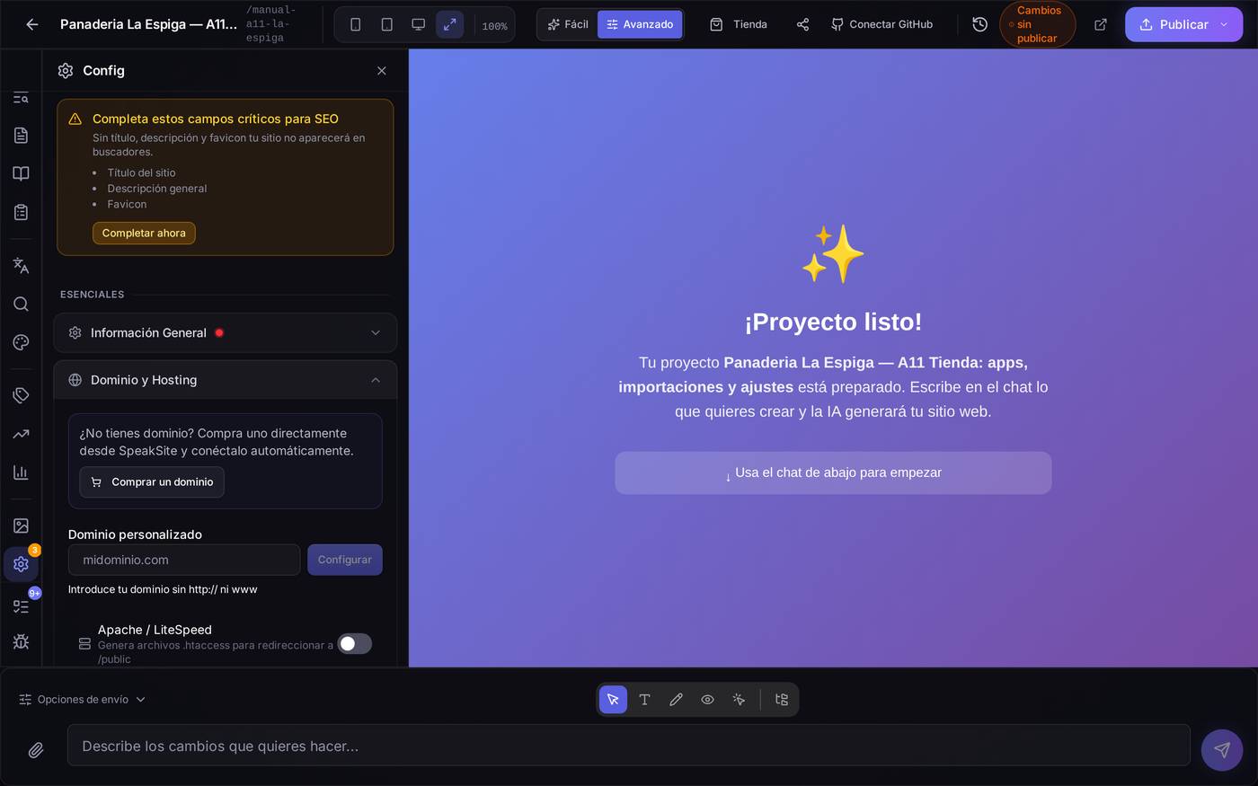 La sección Dominio y Hosting: puedes comprar el dominio desde aquí o escribir uno que ya tengas (sin `http://` ni `www`). **Sin un plan activo esta sección aparece bloqueada**; la captura es de una cuenta con plan de pago.