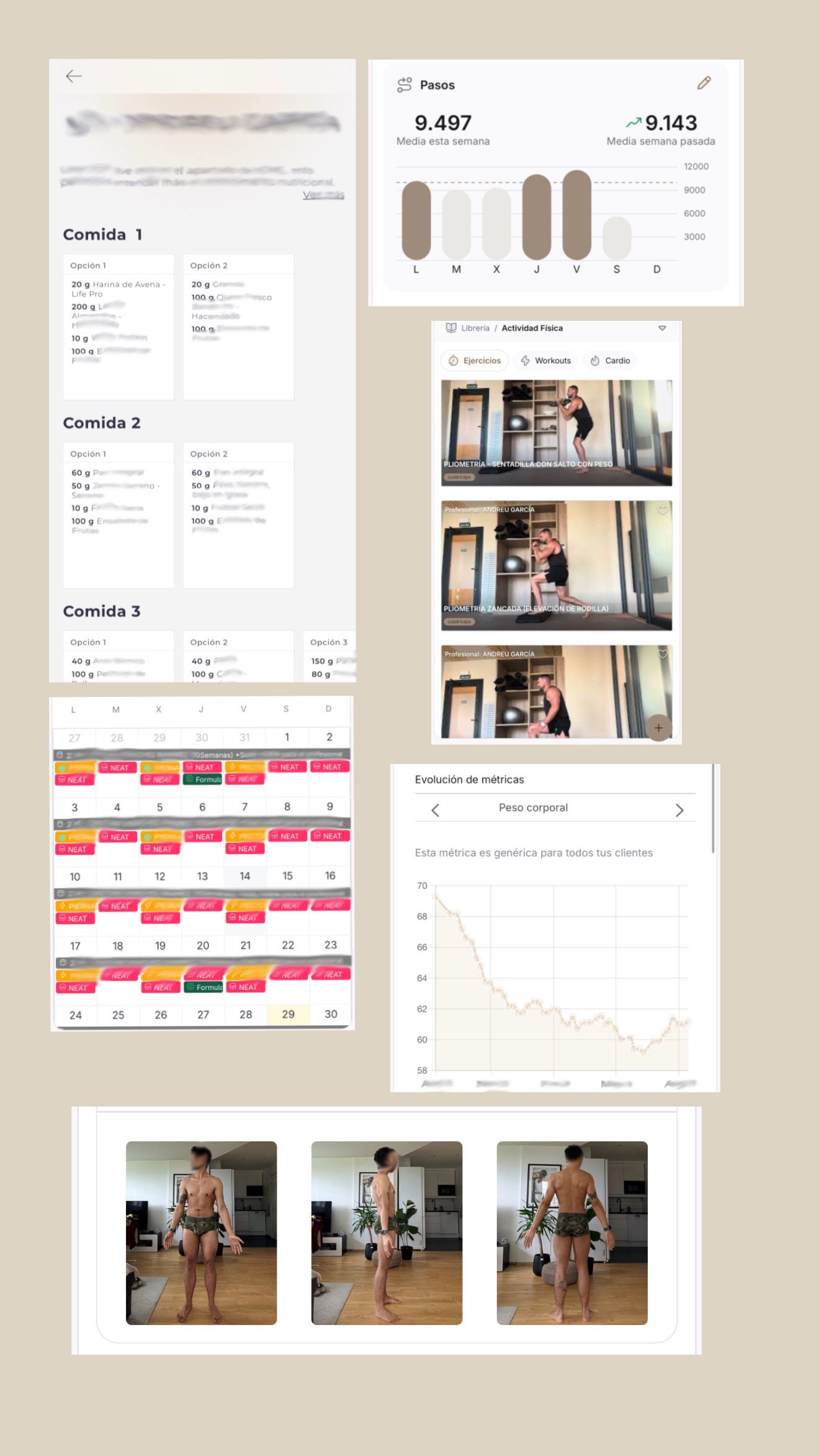 Pantallas de la app de seguimiento: plan de comidas, pasos, biblioteca de ejercicios, calendario, evolución de métricas y fotos de control